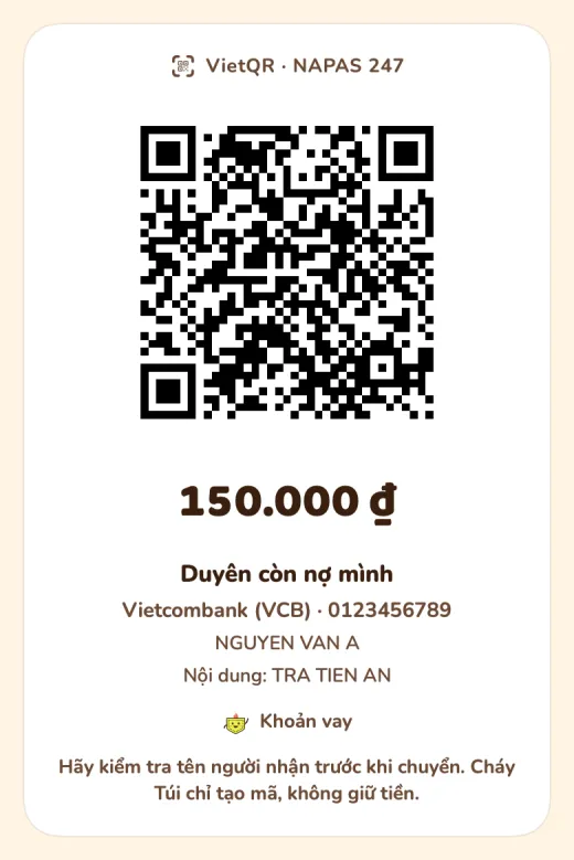 VietQR card requesting 150,000 dong with bank, transfer note and a reminder to check the recipient name